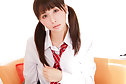 Shaved kogal in pigtails Elly strips uniform on couch