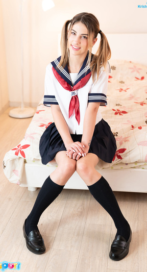 Kogal Kristen Scott strips uniform and flashes her white panties