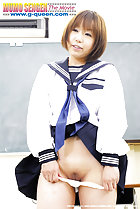 Pulling knickers down over her thighs shaved teen Japanese girl Norika Makihara strips uniform in classroom