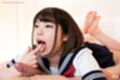 Hayakawa natsumi licking her finger bare feet pressed together wearing uniform