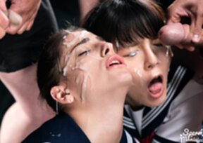 Kogals Scott Kristen and Mary in uniform receiving bukkake facials