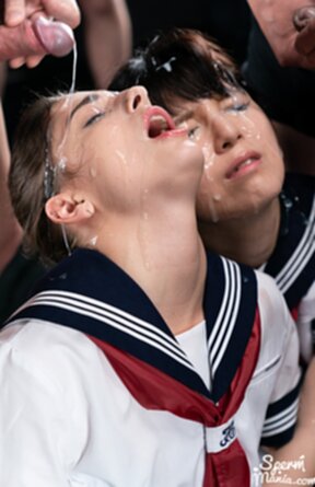 Kogals Scott Kristen and Mary in uniform receiving bukkake facials