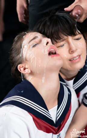 Mary and Scott Kristen kneeling in uniform taking bukkake facial cumshots