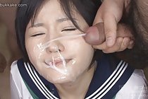 Cute kogal Yuki fondled and taking bukkake facials in uniform